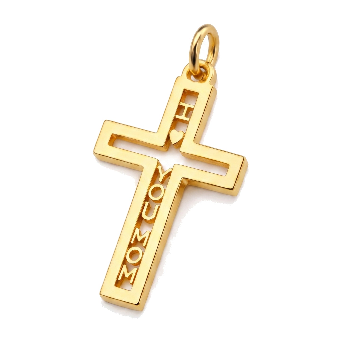 "Pavé Cross Love Mom" Pendant - 14k Solid Gold, 3 Colors