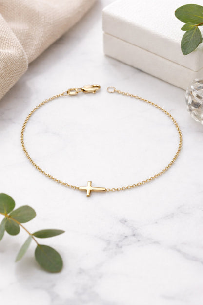 "Pavé Cross" Bracelet - 14k Solid Yellow Gold