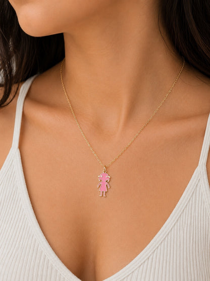 14K Gold Boy & Girl Enamel Pendant Necklace with Optional Cable Chain, Personalized Children's Charm, Gift for Kid, Birthday