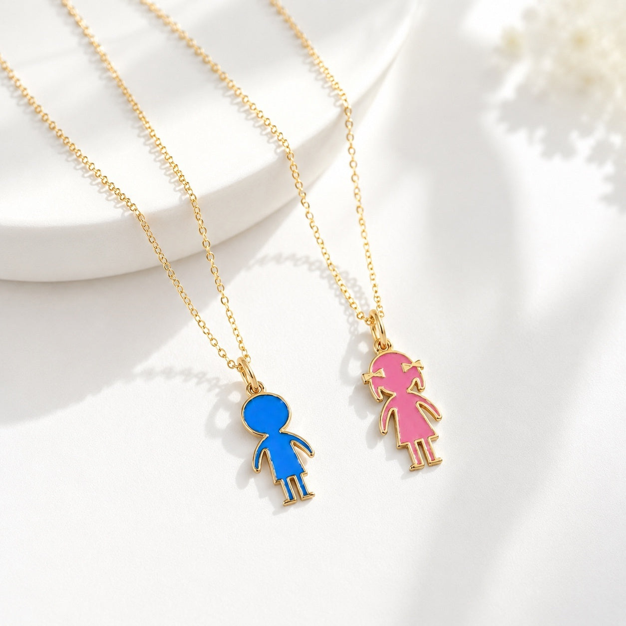 14K Gold Boy & Girl Enamel Pendant Necklace with Optional Cable Chain, Personalized Children's Charm, Gift for Kid, Birthday