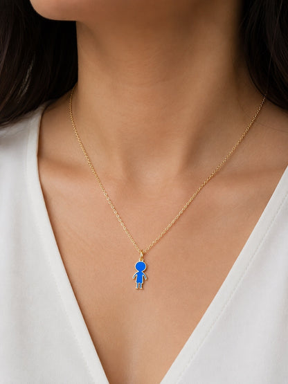 14K Gold Boy & Girl Enamel Pendant Necklace with Optional Cable Chain, Personalized Children's Charm, Gift for Kid, Birthday