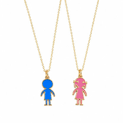 14K Gold Boy & Girl Enamel Pendant Necklace with Optional Cable Chain, Personalized Children's Charm, Gift for Kid, Birthday