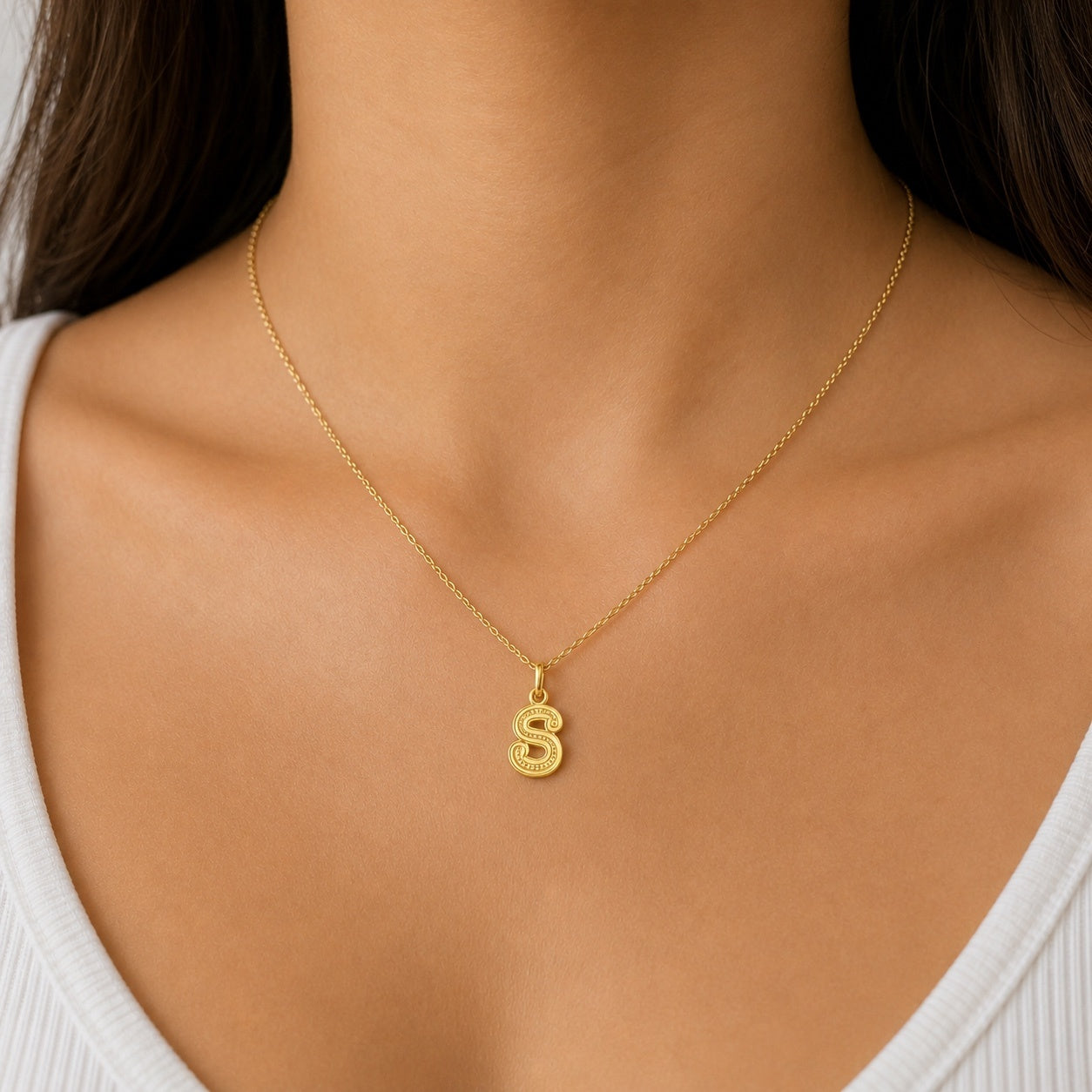 "Stippled Initial" Pendant Necklace - 14k Solid Gold