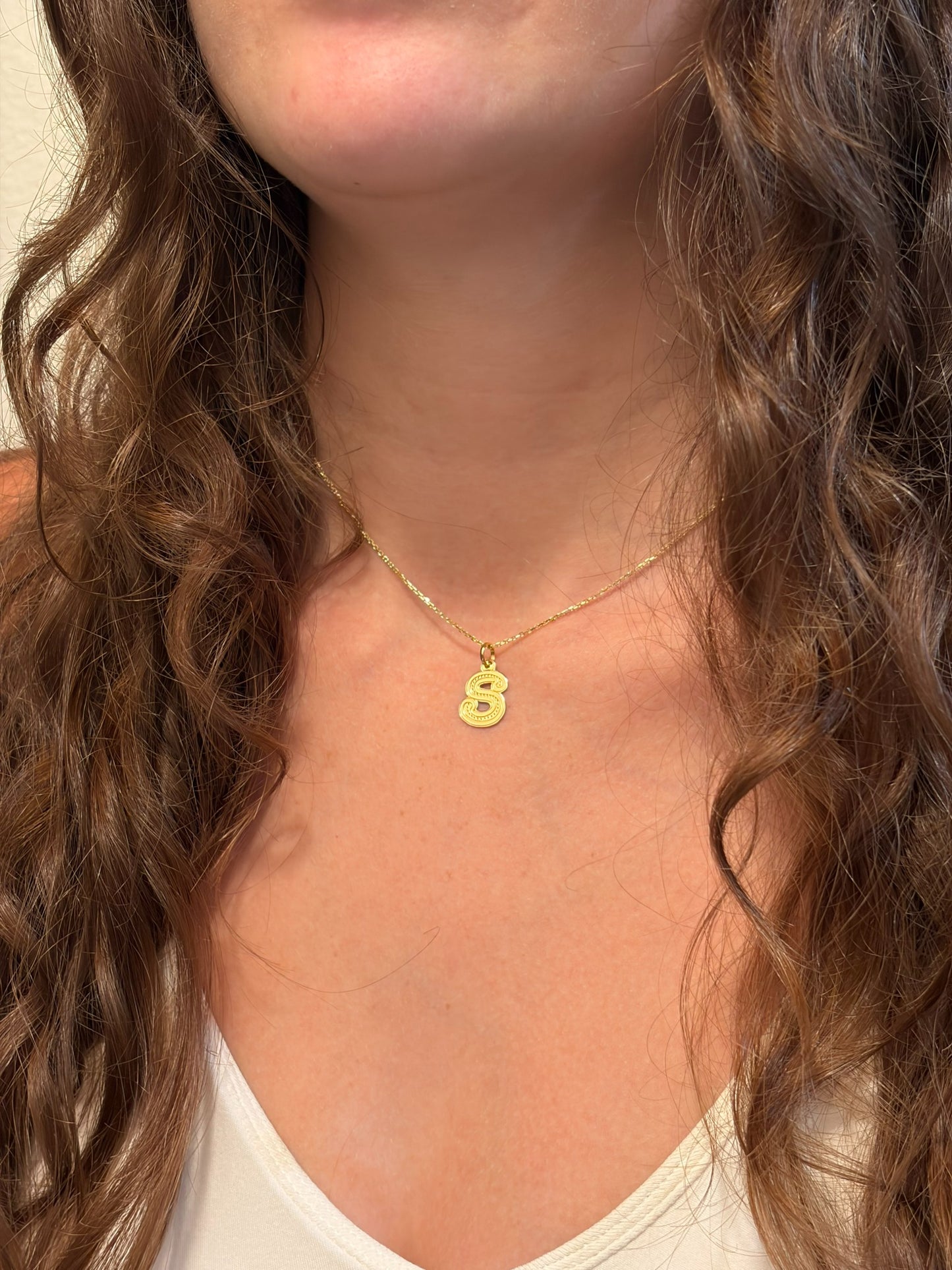 "Stippled Initial" Pendant Necklace - 14k Solid Gold