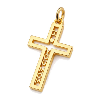 "Pavé Cross Love Mom" Pendant - 14k Solid Gold, 3 Colors