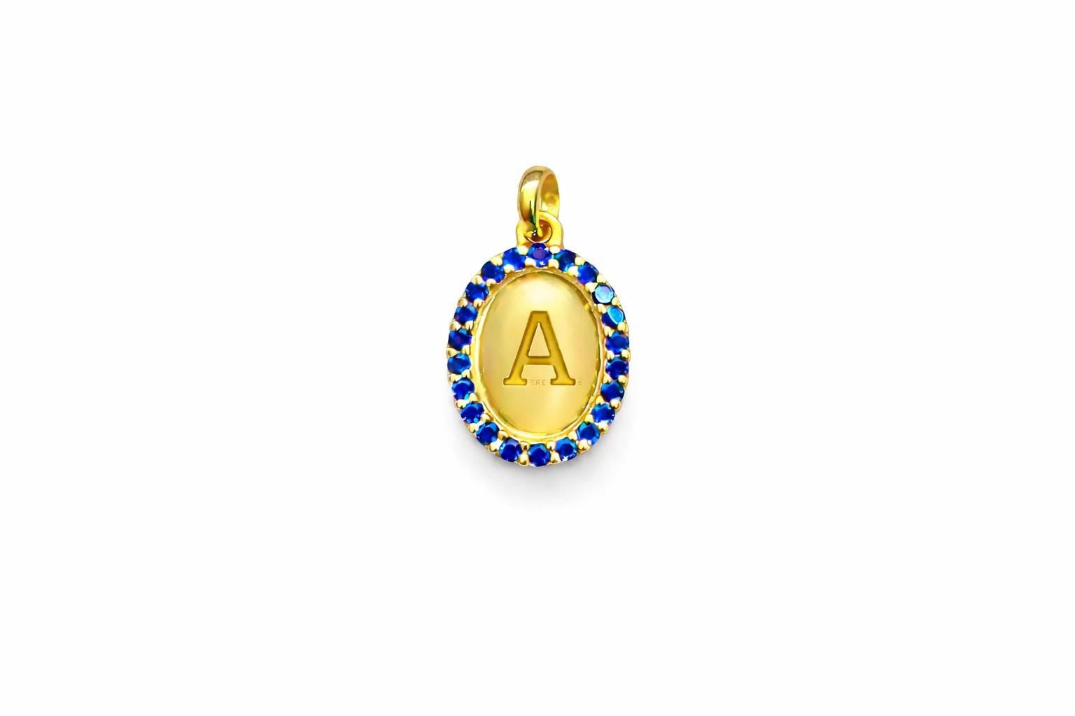 "Blue Oval CZ" Pendant Necklace - 14k Solid Gold