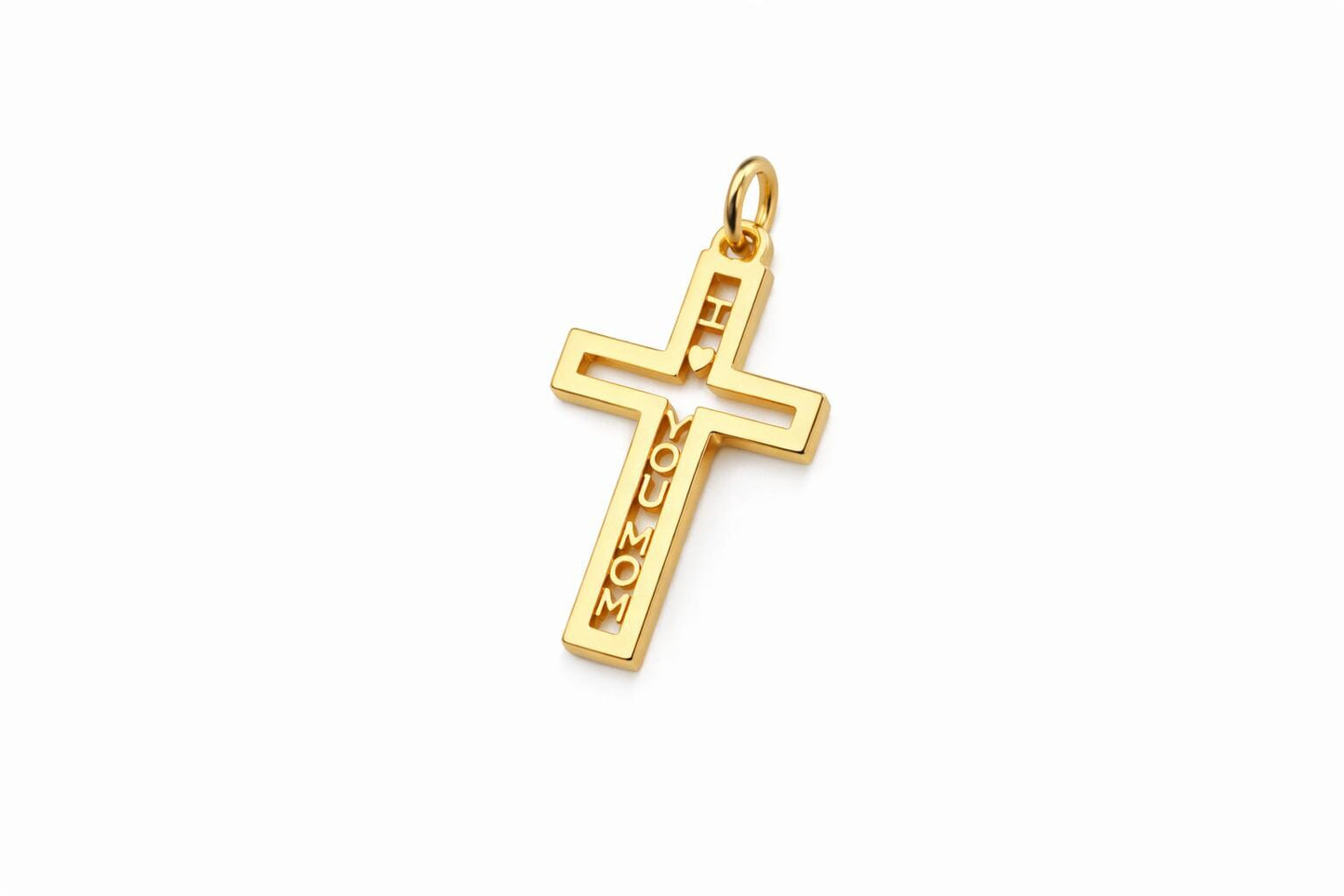 "Pavé Cross Love Mom" Pendant - 14k Solid Yellow Gold