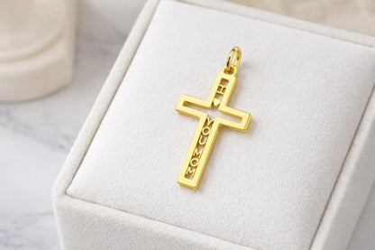 "Pavé Cross Love Mom" Pendant - 14k Solid Yellow Gold