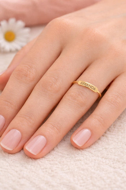 "Engraved Script" Custom Text Ring - 14k Solid Yellow Gold