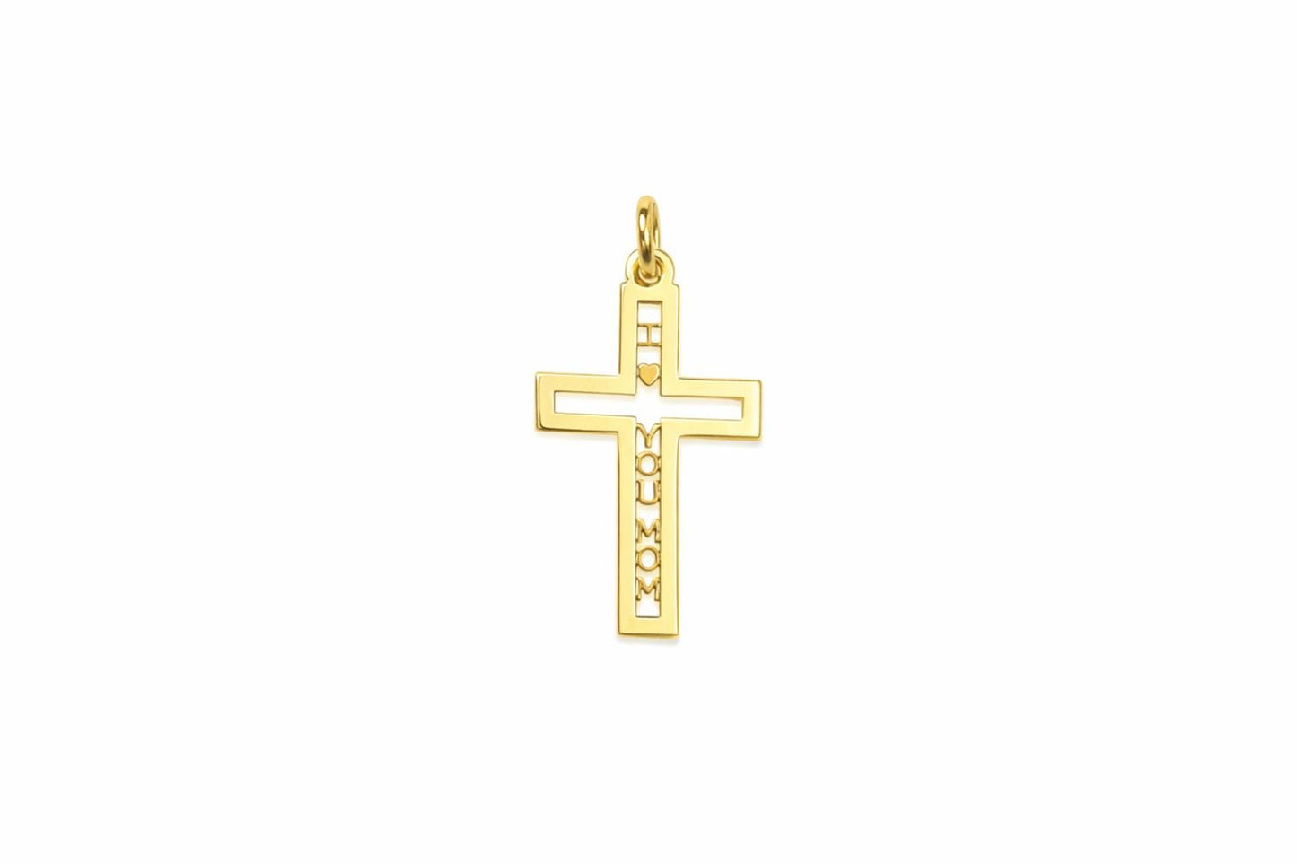 "Pavé Cross Love Mom" Pendant - 14k Solid Yellow Gold