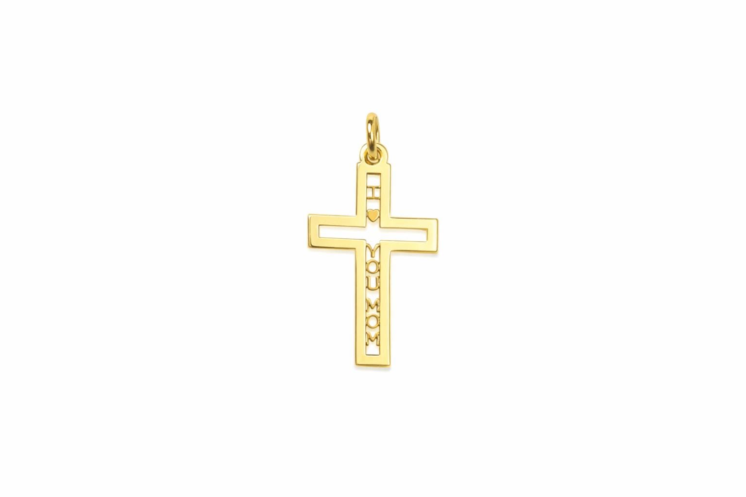 "Pavé Cross Love Mom" Pendant - 14k Solid Yellow Gold