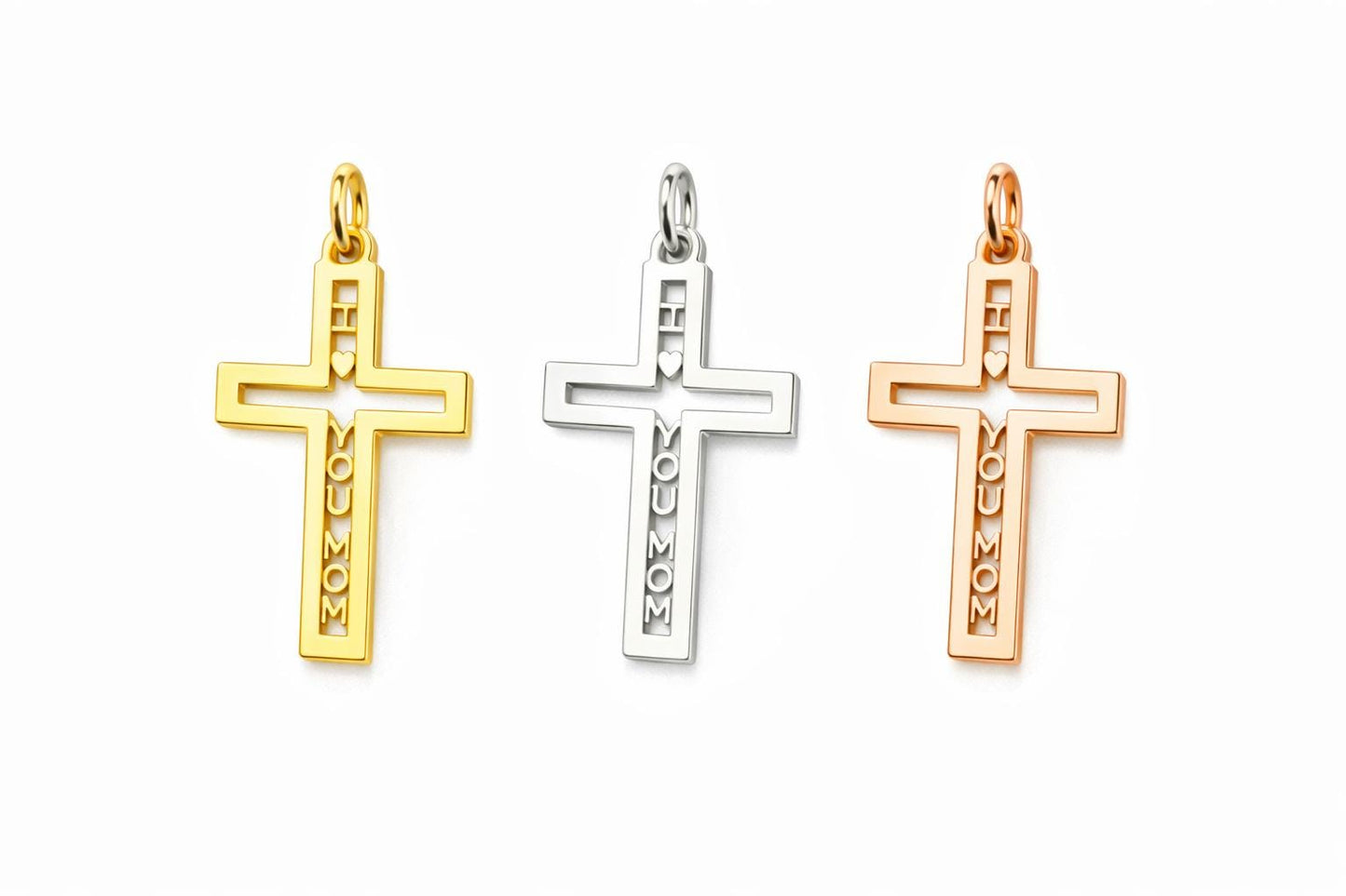 "Pavé Cross Love Mom" Pendant - 14k Solid Yellow Gold