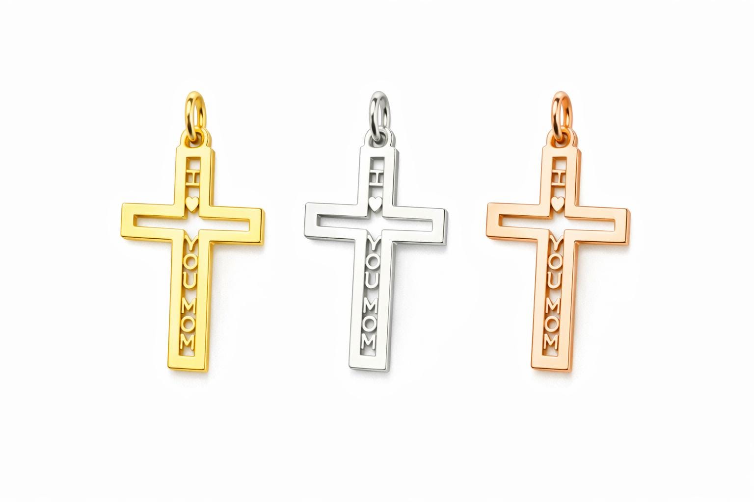 "Pavé Cross Love Mom" Pendant - 14k Solid Yellow Gold