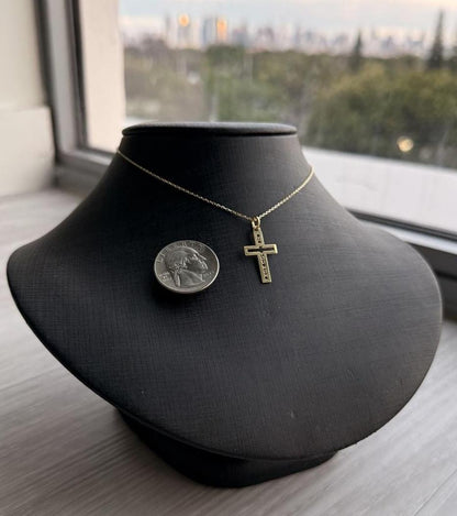 "Pavé Cross Love Mom" Pendant - 14k Solid Yellow Gold