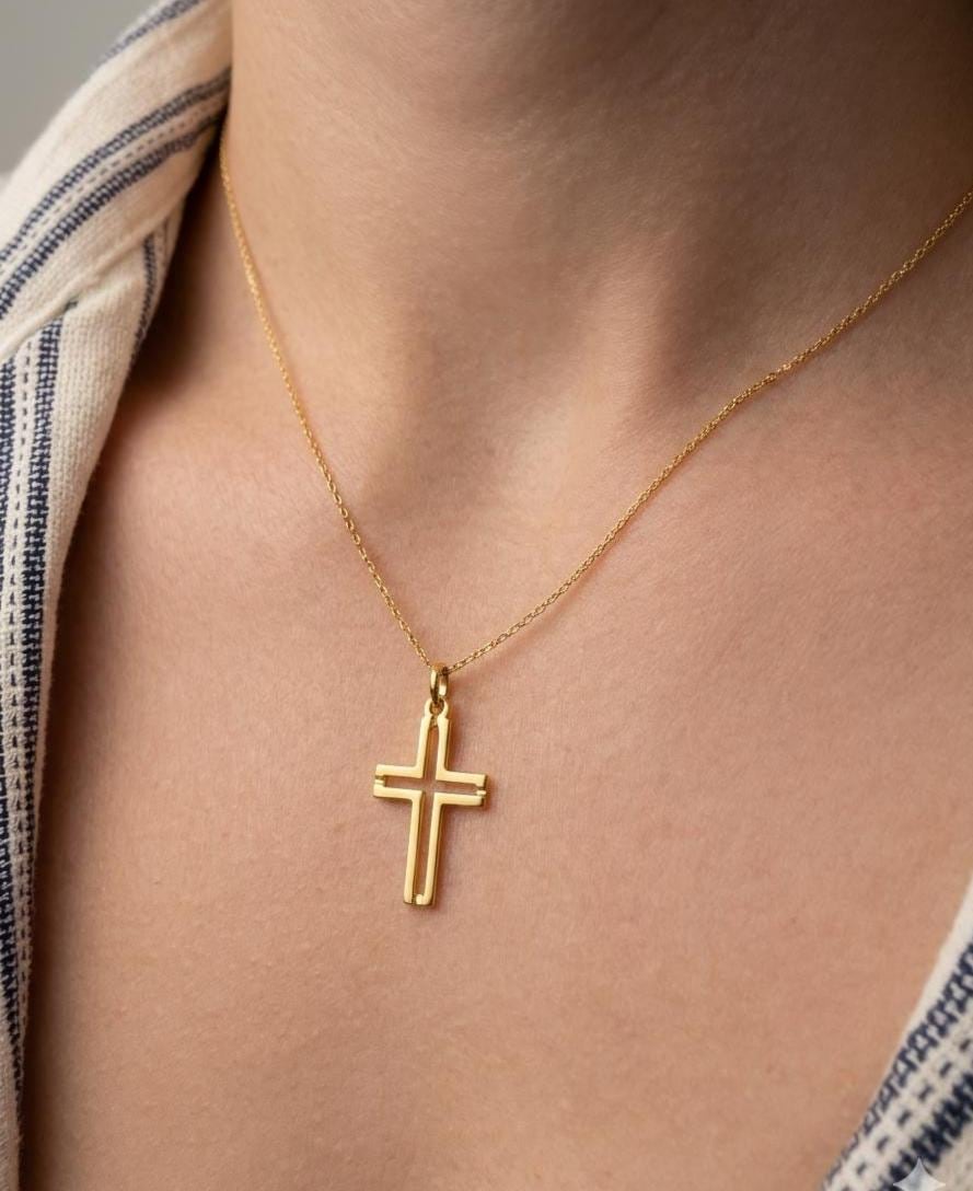 "Pavé Cross" Pendant Necklace - 14k Solid Gold