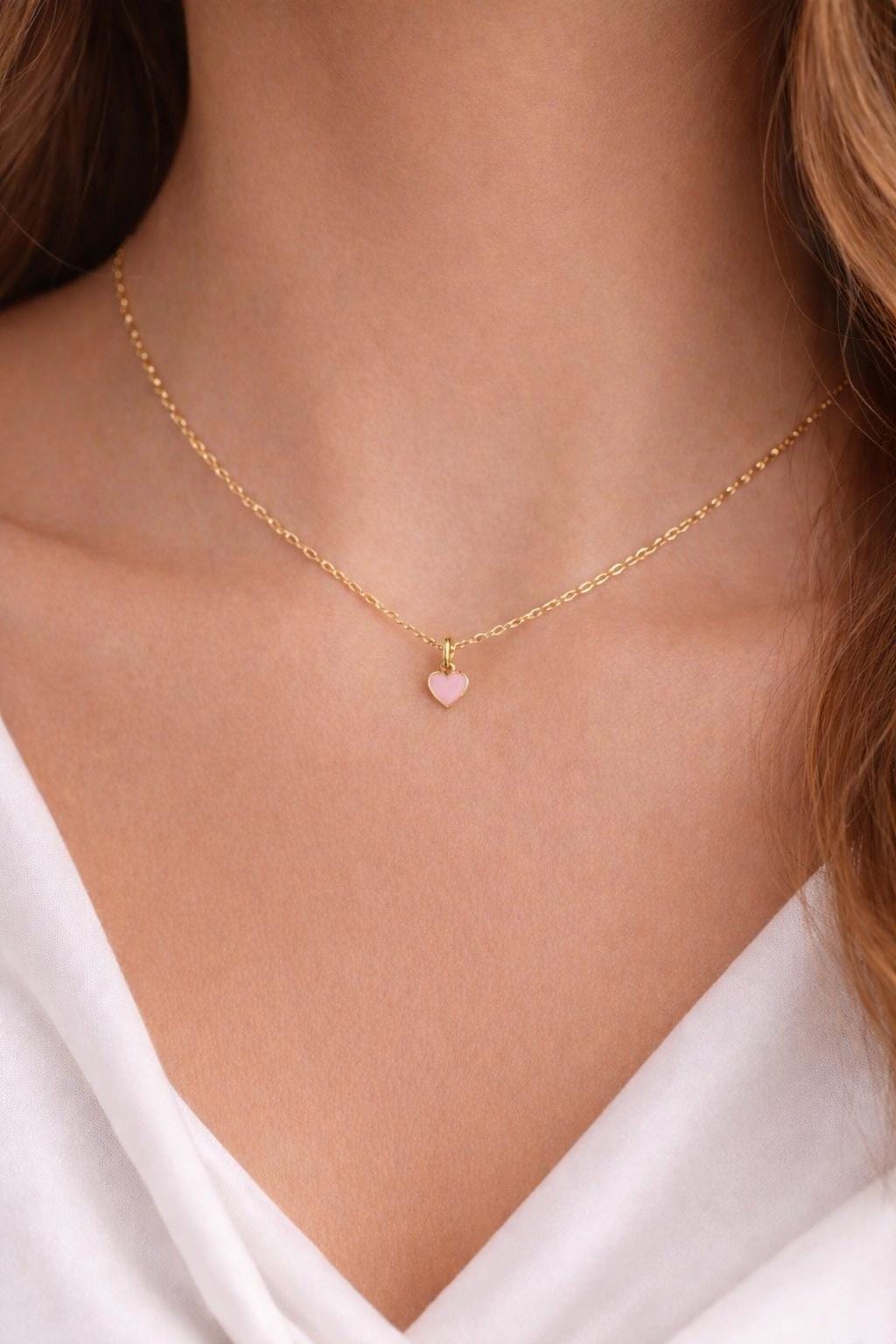 "Enamel Heart" Pendant Necklace - 14k Solid Yellow Gold