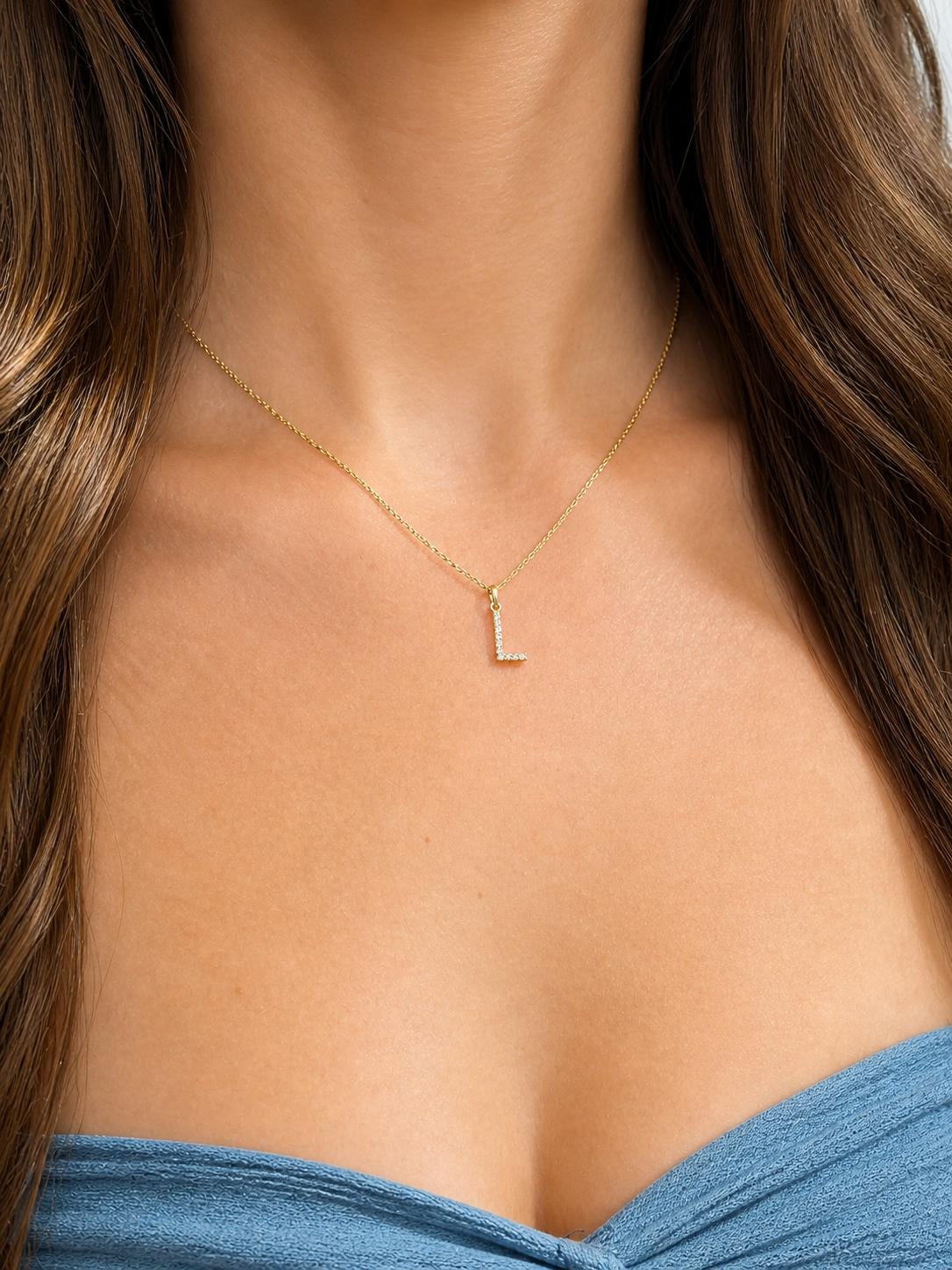 "Pavé Initial" Pendant Necklace - 14k Solid Gold