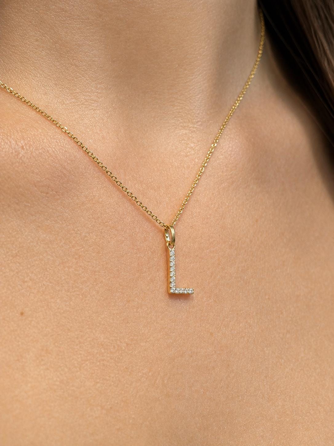 "Pavé Initial" Pendant Necklace - 14k Solid Gold