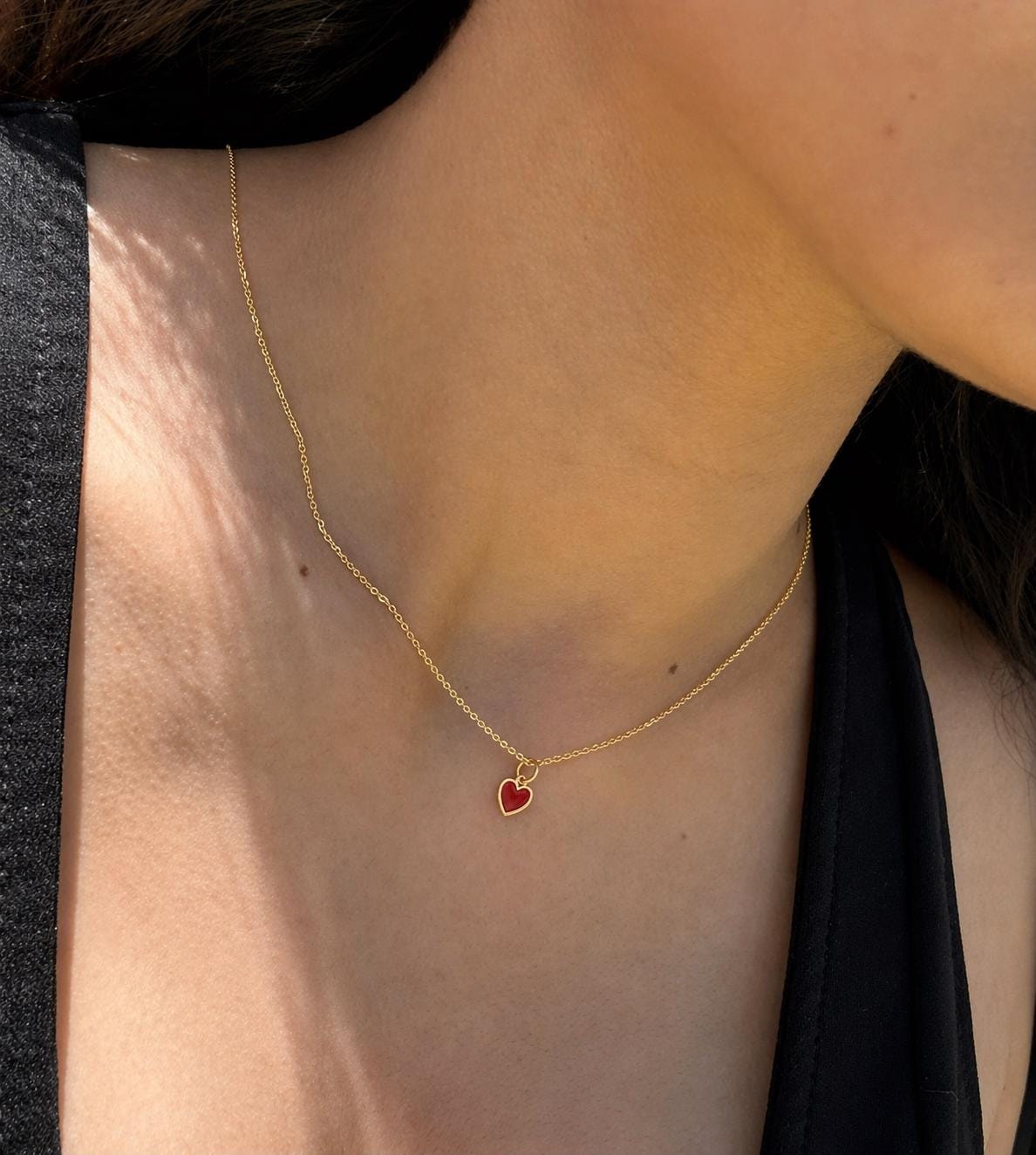 "Enamel Heart" Pendant Necklace - 14k Solid Yellow Gold