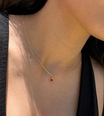 "Enamel Heart" Pendant Necklace - 14k Solid Yellow Gold