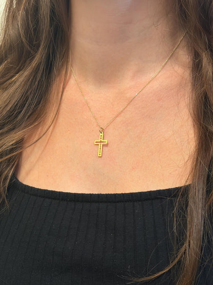 "Pavé Cross Love Mom" Pendant - 14k Solid Yellow Gold