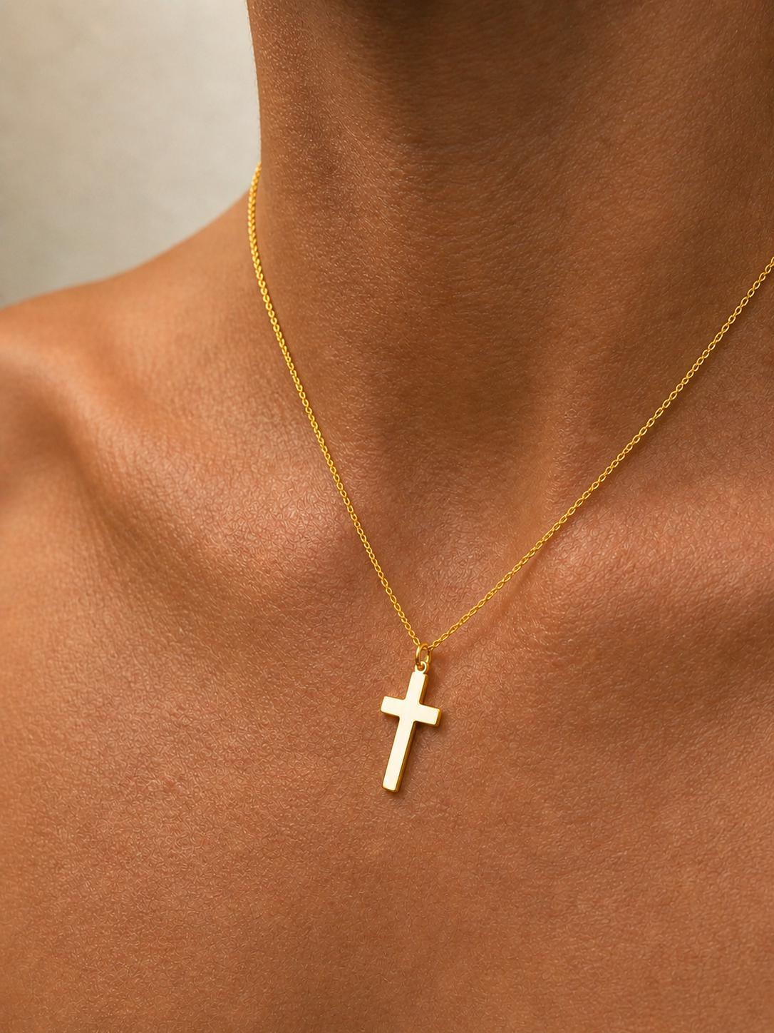 "Thin Cross" Pendant Necklace - 14k Solid Yellow Gold