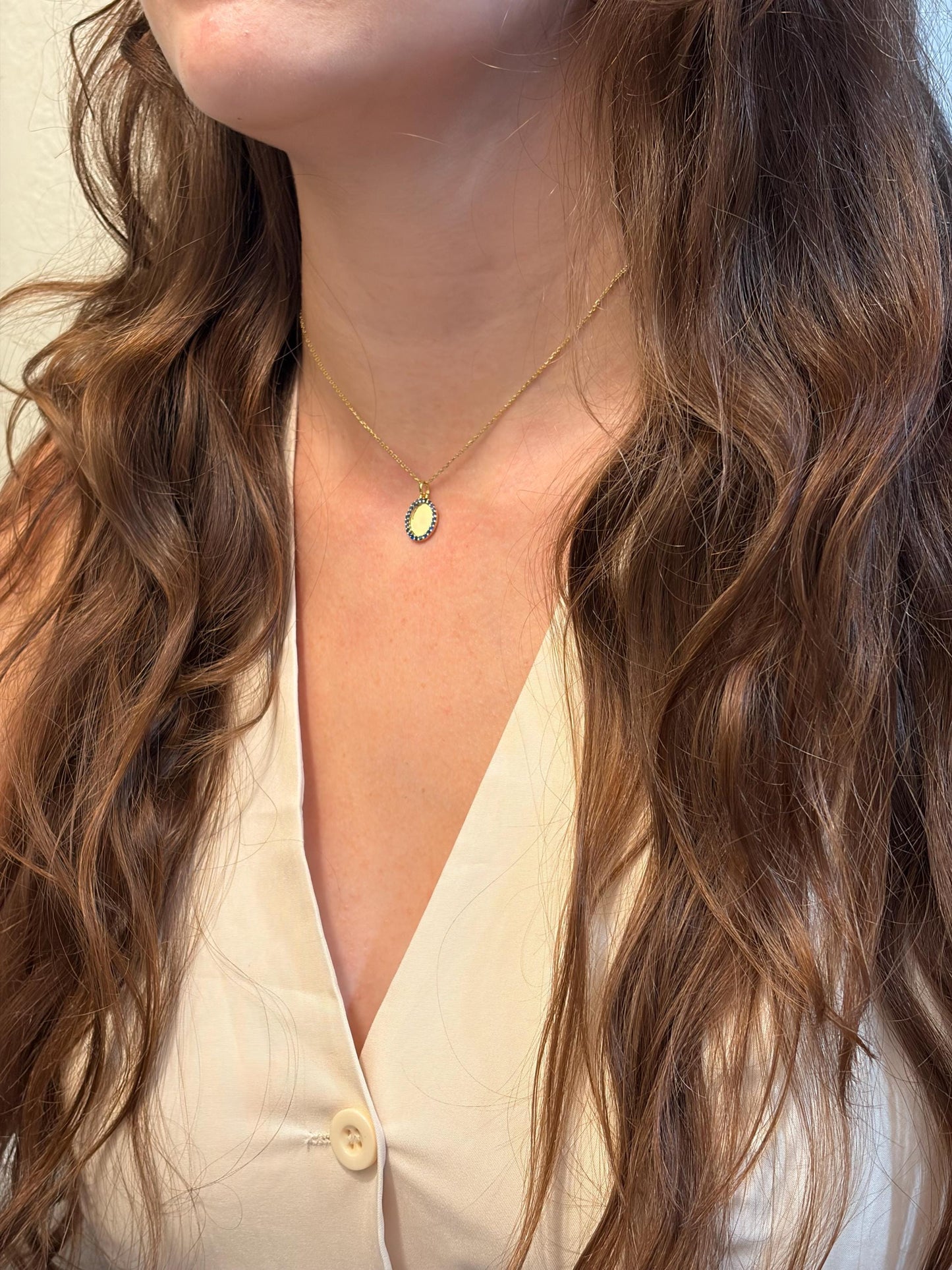 "Blue Oval CZ" Pendant Necklace - 14k Solid Gold