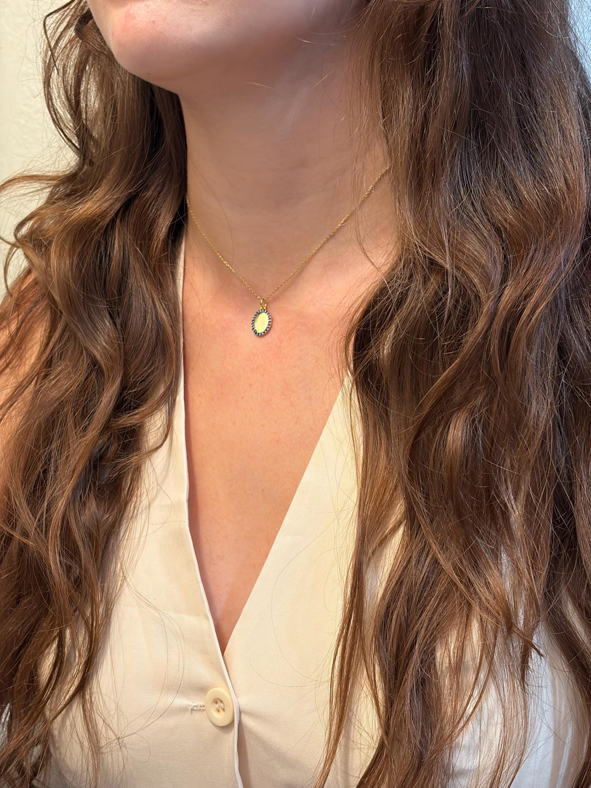 "Blue Oval CZ" Pendant Necklace - 14k Solid Gold