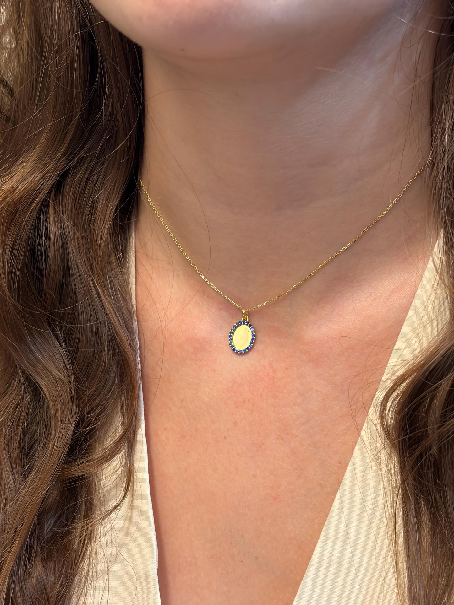 "Blue Oval CZ" Pendant Necklace - 14k Solid Gold