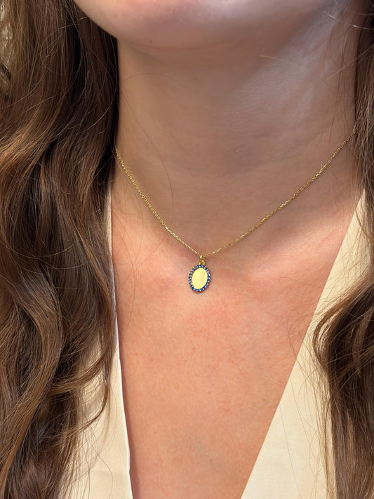 "Blue Oval CZ" Pendant Necklace - 14k Solid Gold