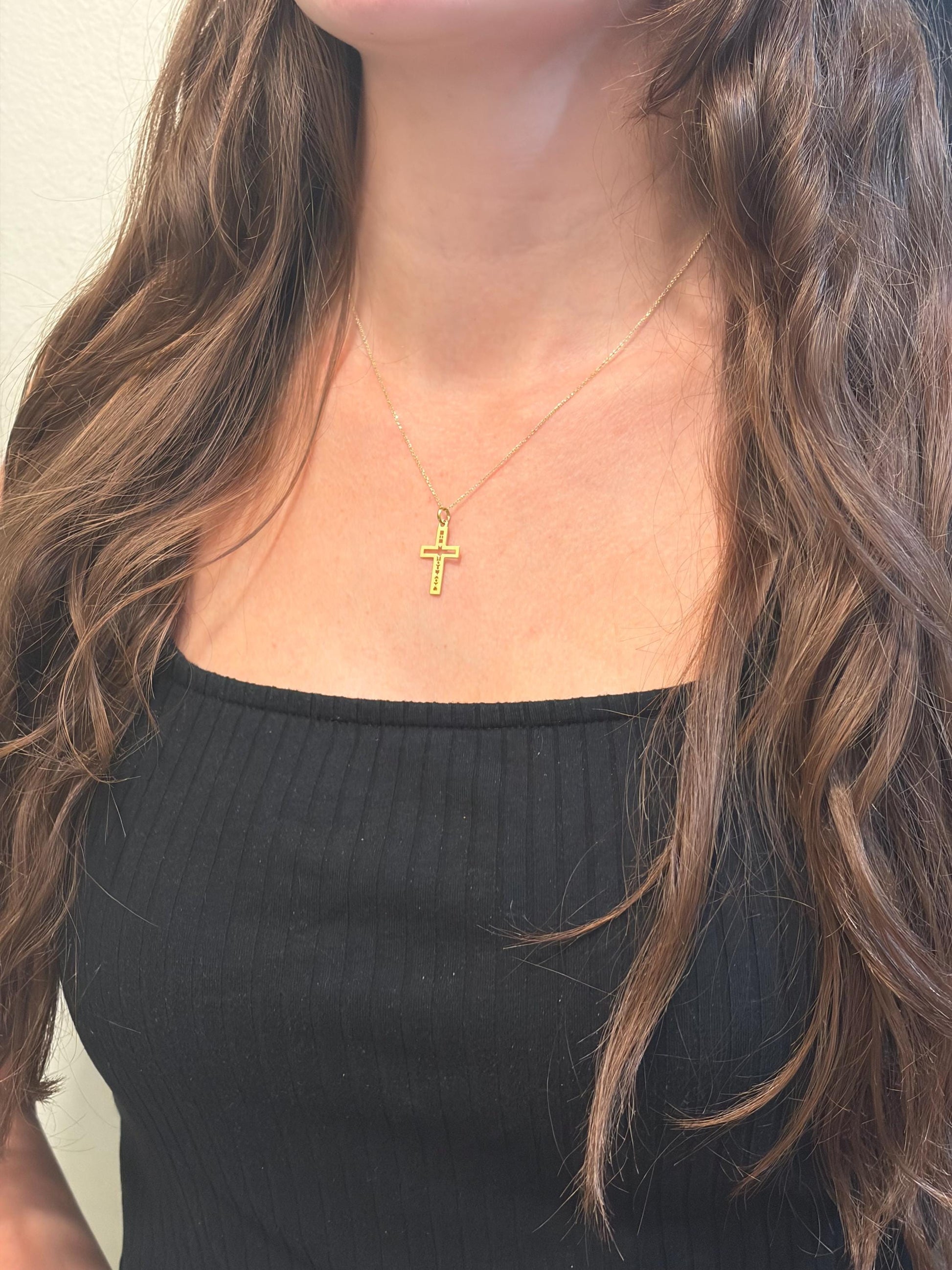 "Pavé Cross Love Mom" Pendant - 14k Solid Yellow Gold