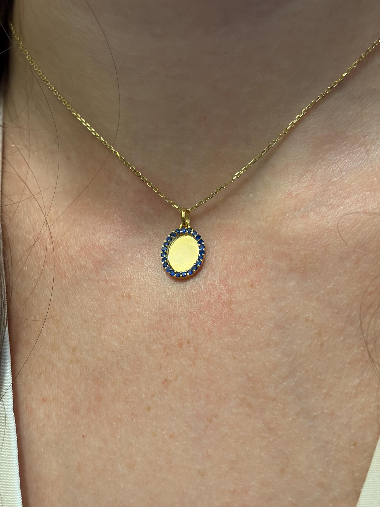 "Blue Oval CZ" Pendant Necklace - 14k Solid Gold