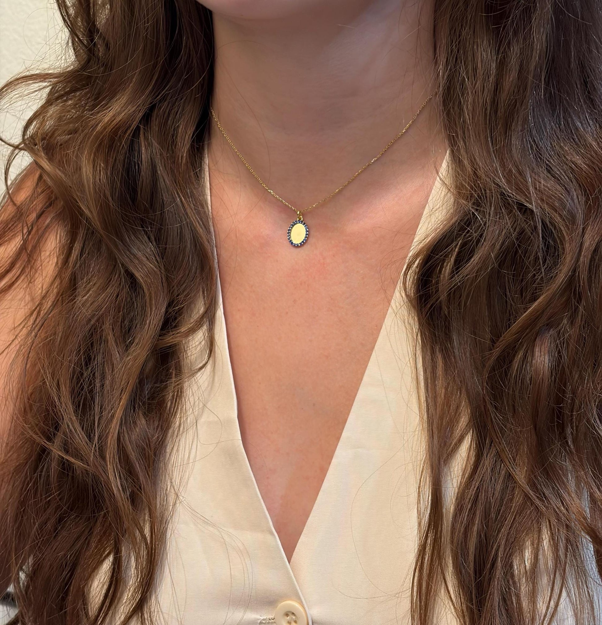 "Blue Oval CZ" Pendant Necklace - 14k Solid Gold