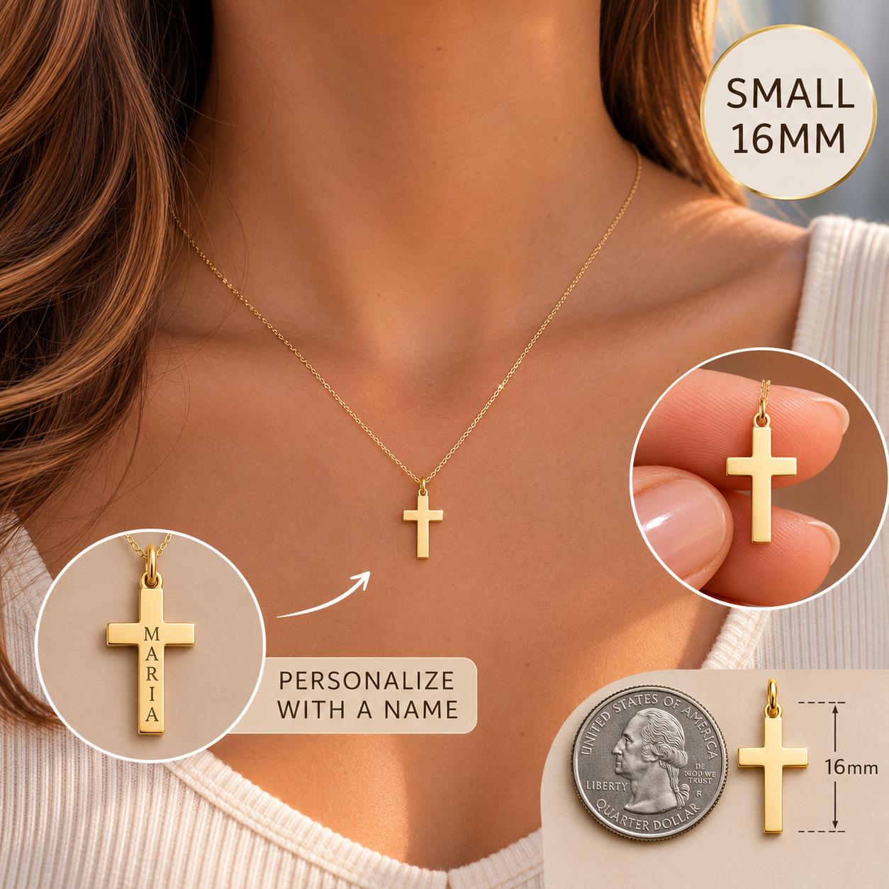 "Thin Cross" Pendant Necklace - 14k Solid Yellow Gold