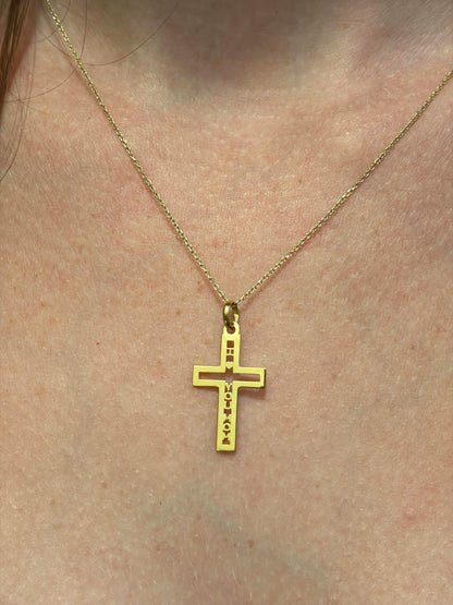 "Pavé Cross Love Mom" Pendant - 14k Solid Yellow Gold