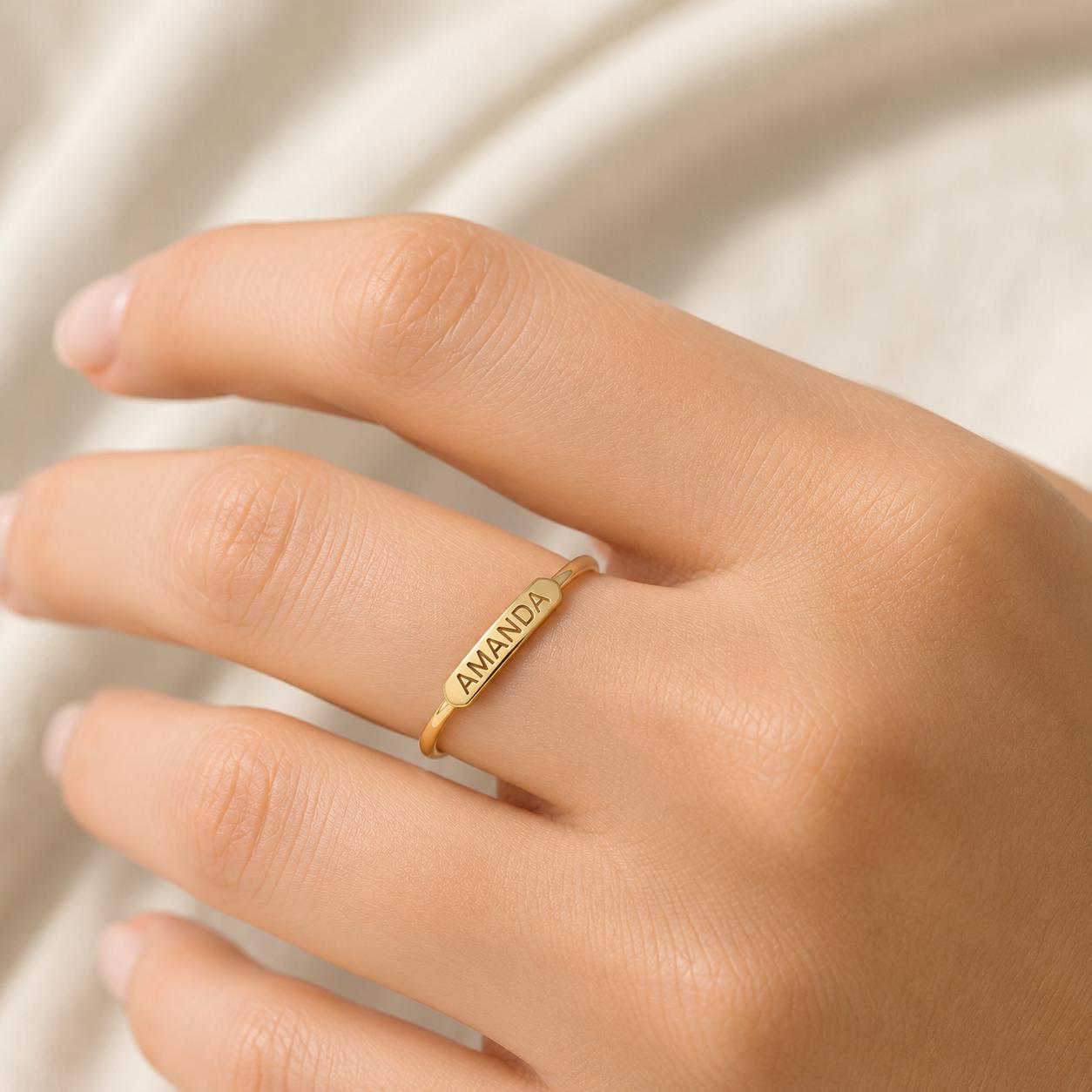 "Engraved Script" Custom Text Ring - 14k Solid Yellow Gold