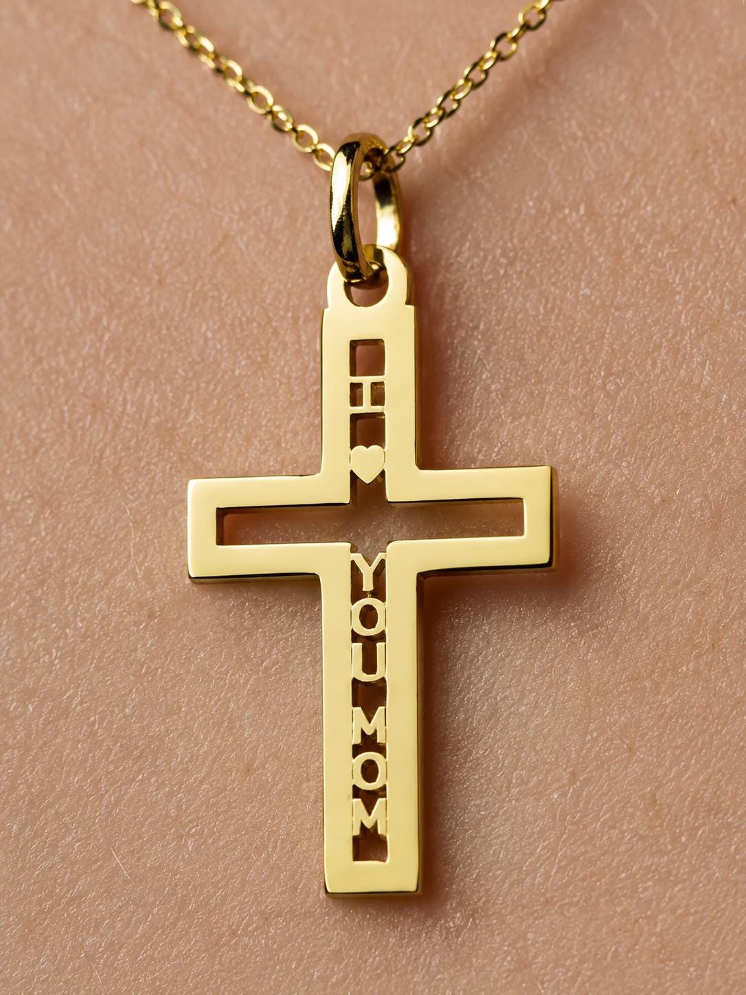 "Pavé Cross Love Mom" Pendant - 14k Solid Yellow Gold