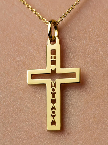 "Pavé Cross Love Mom" Pendant - 14k Solid Yellow Gold