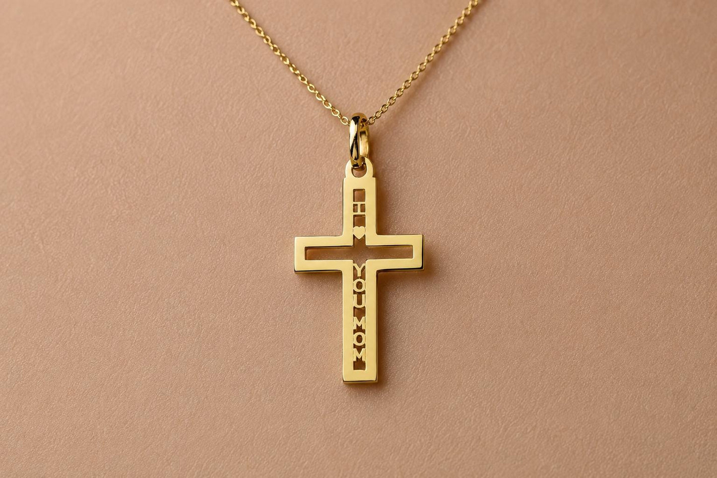 "Pavé Cross Love Mom" Pendant - 14k Solid Yellow Gold