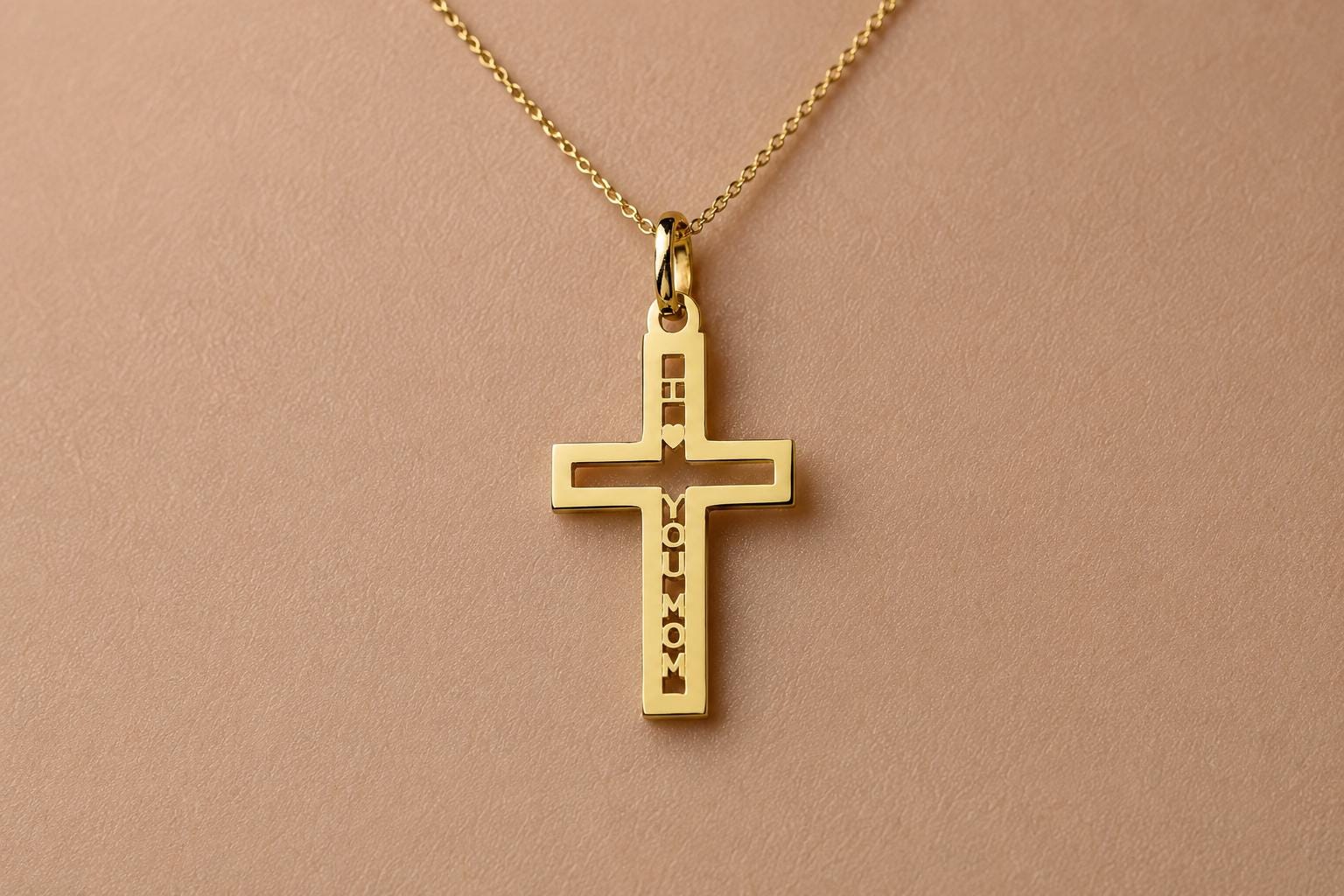 "Pavé Cross Love Mom" Pendant - 14k Solid Yellow Gold