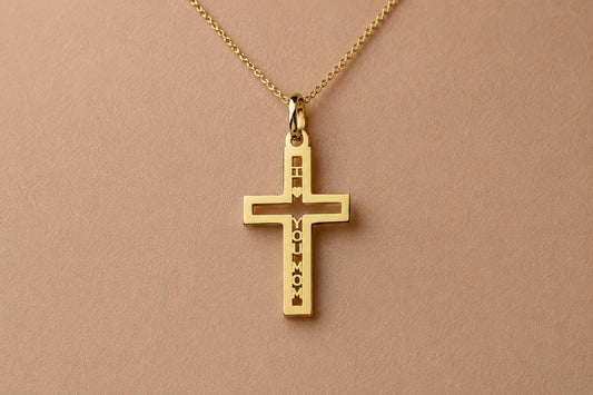 "Pavé Cross Love Mom" Pendant - 14k Solid Yellow Gold