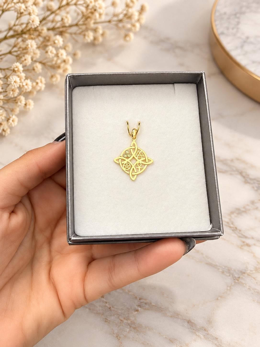 14k solid gold witches knot pendant necklace, real photo