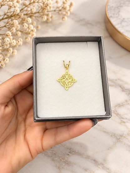 14k solid gold witches knot pendant necklace, real photo